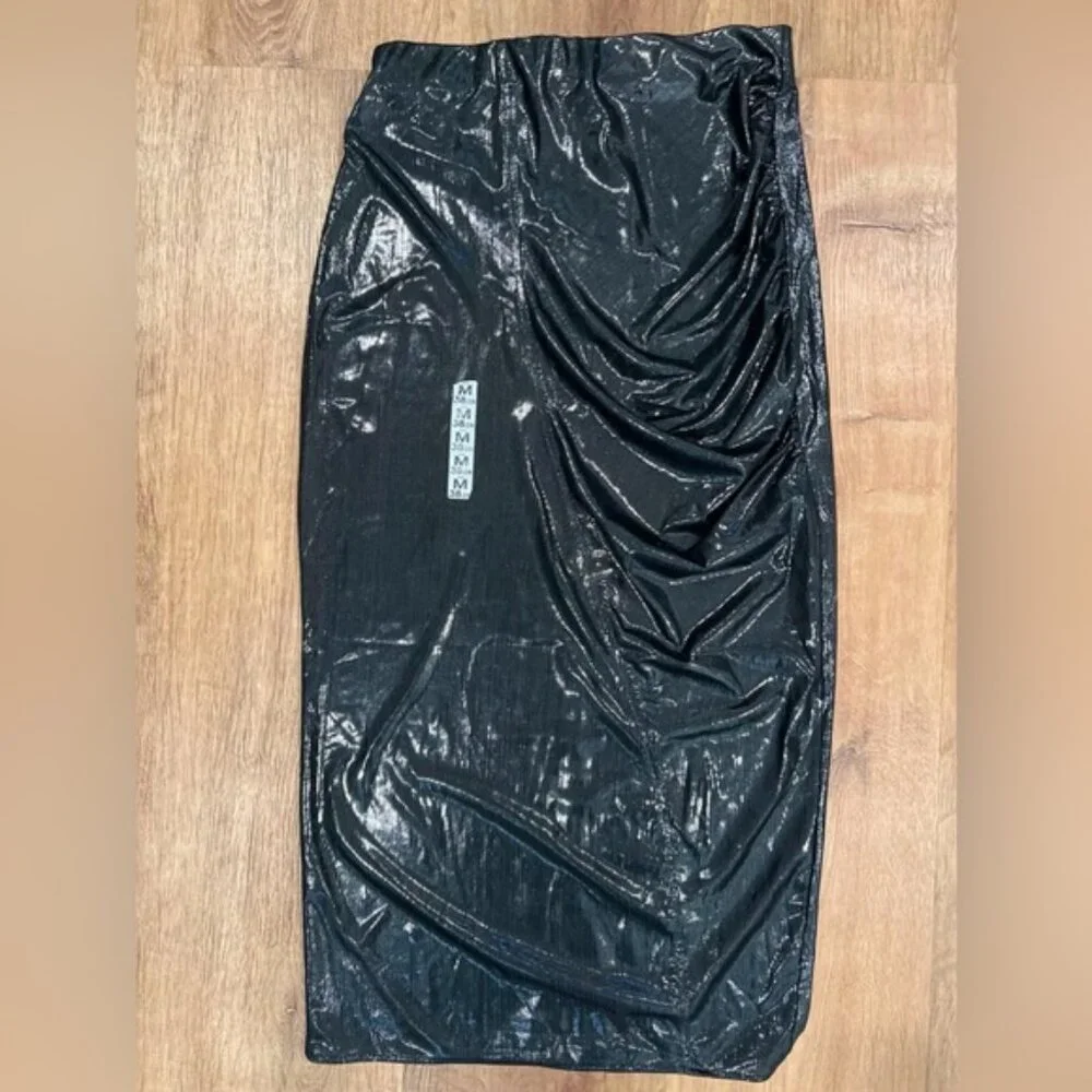 NWT ZARA Shiny Gathered Midi Skirt Elastic Waistband Back Slit 4770/629/836 Sz M